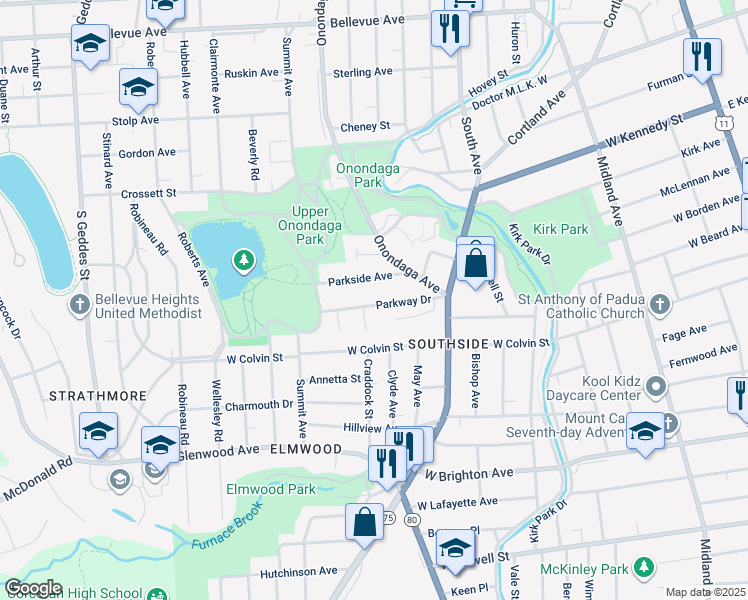 map of restaurants, bars, coffee shops, grocery stores, and more near 176 Parkway Drive in Syracuse