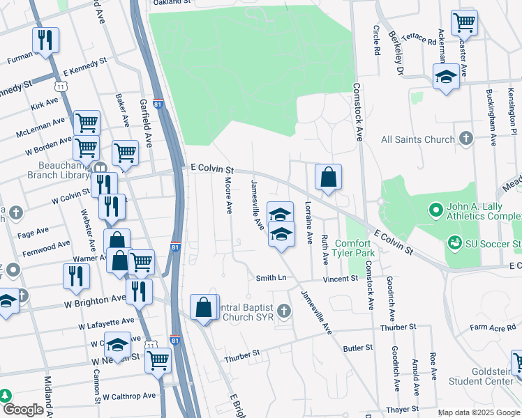 map of restaurants, bars, coffee shops, grocery stores, and more near 255 Jamesville Ave in Syracuse