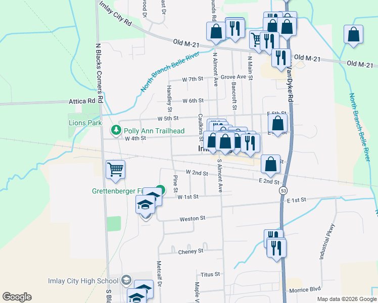 map of restaurants, bars, coffee shops, grocery stores, and more near 270 West 3rd Street in Imlay City