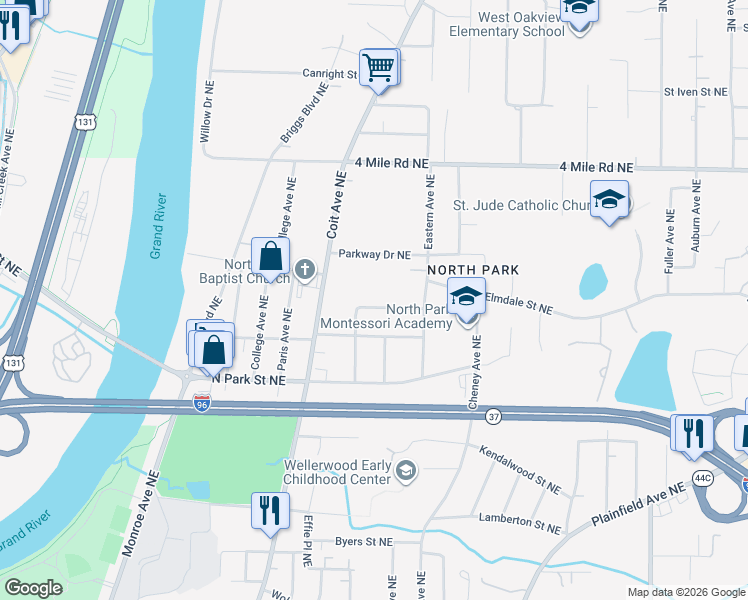 map of restaurants, bars, coffee shops, grocery stores, and more near 711 Wells Street Northeast in Grand Rapids