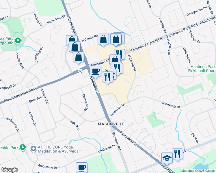 map of restaurants, bars, coffee shops, grocery stores, and more near 1680 Richmond Street in London