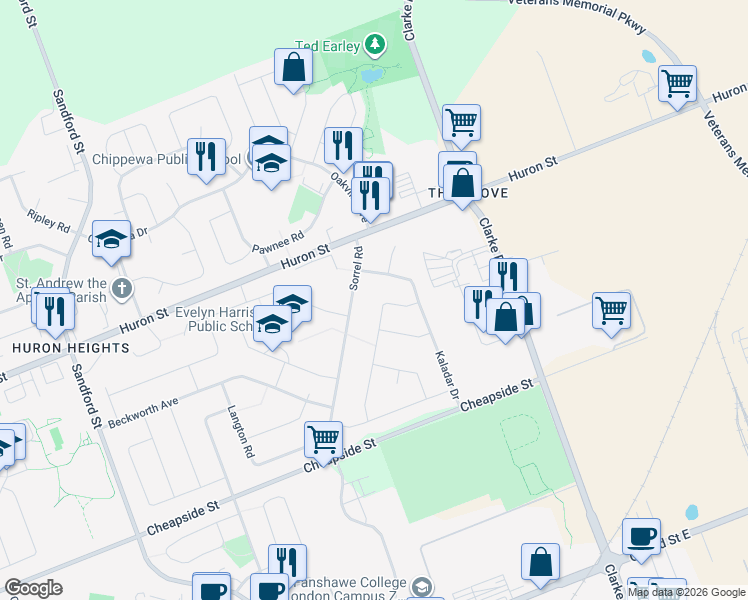 map of restaurants, bars, coffee shops, grocery stores, and more near 1251 Addison Drive in London