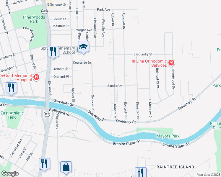 map of restaurants, bars, coffee shops, grocery stores, and more near 156 Robert Drive in North Tonawanda