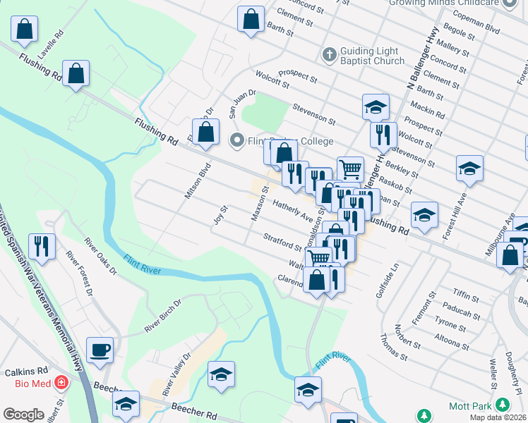 map of restaurants, bars, coffee shops, grocery stores, and more near 1336 Maxson Street in Flint