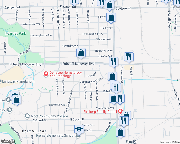map of restaurants, bars, coffee shops, grocery stores, and more near 2322 Tuscola Avenue in Flint