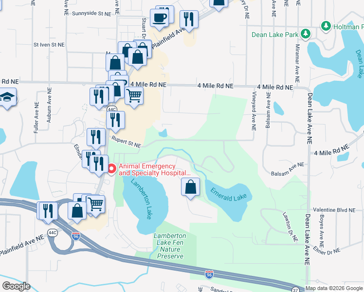 map of restaurants, bars, coffee shops, grocery stores, and more near 1720 Rupert Street Northeast in Grand Rapids