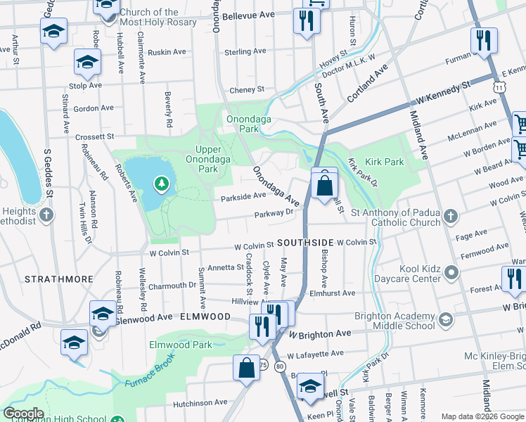 map of restaurants, bars, coffee shops, grocery stores, and more near 176 Parkway Drive in Syracuse