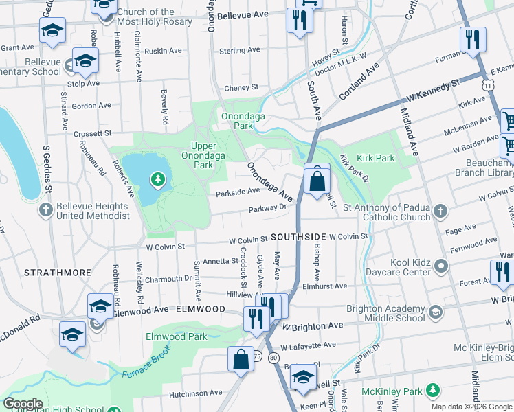 map of restaurants, bars, coffee shops, grocery stores, and more near 158 Parkway Drive in Syracuse