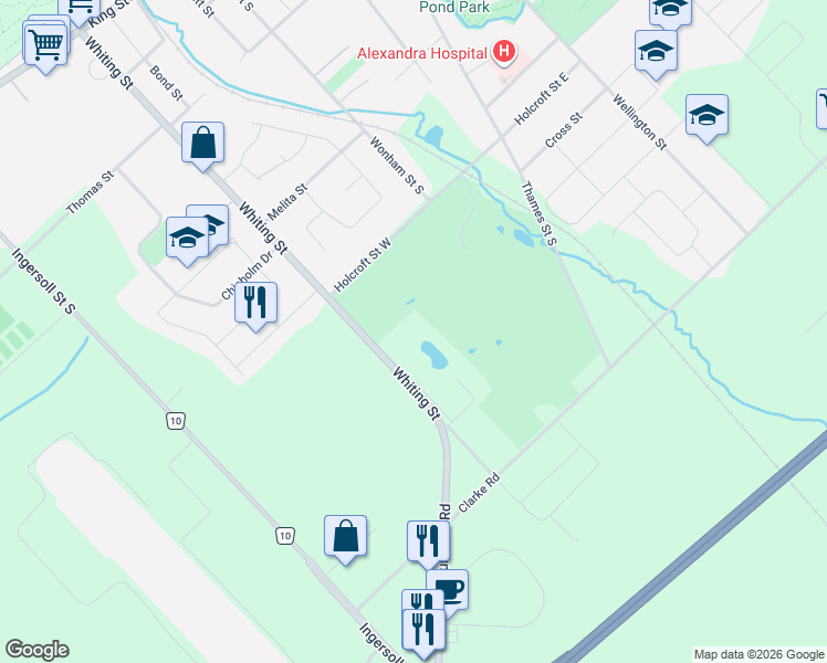 map of restaurants, bars, coffee shops, grocery stores, and more near 297 Whiting Street in Ingersoll