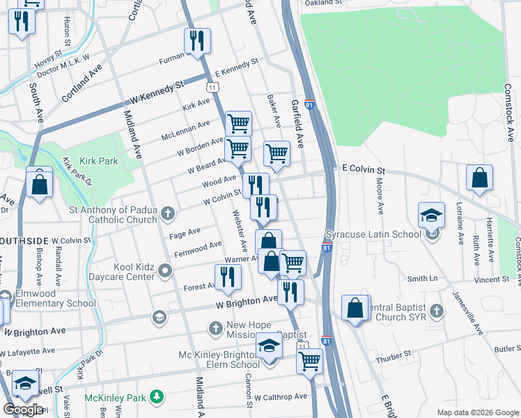 map of restaurants, bars, coffee shops, grocery stores, and more near 2307-15 South Salina Street in Syracuse