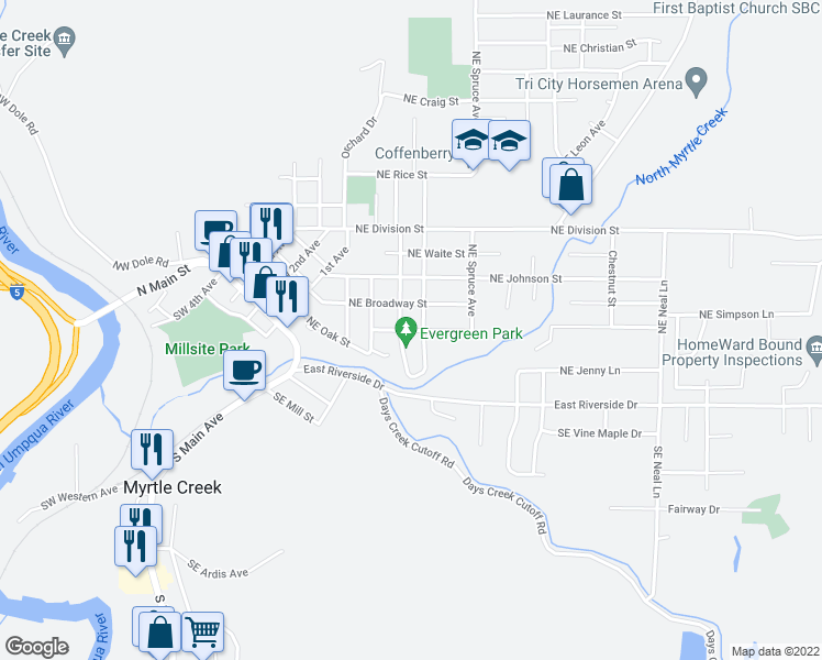 map of restaurants, bars, coffee shops, grocery stores, and more near 334 Northeast Howland Street in Myrtle Creek