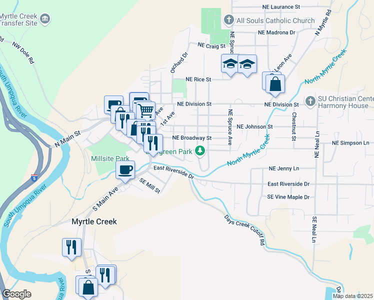 map of restaurants, bars, coffee shops, grocery stores, and more near 220 Northeast Howland Street in Myrtle Creek