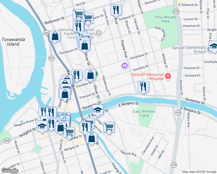 map of restaurants, bars, coffee shops, grocery stores, and more near 200 Tremont Street in North Tonawanda