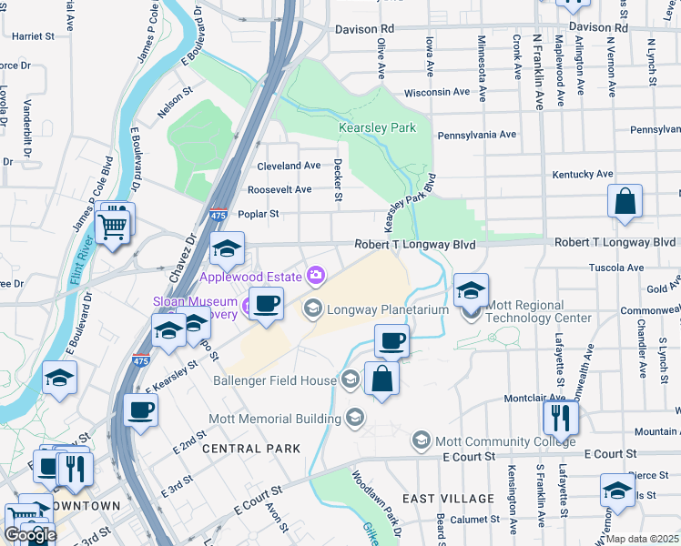 map of restaurants, bars, coffee shops, grocery stores, and more near 1400 East Kearsley Street in Flint