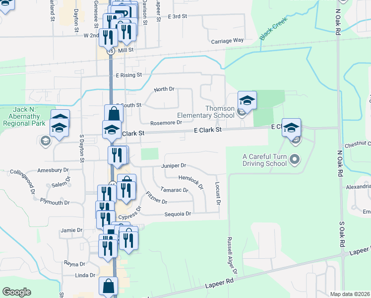 map of restaurants, bars, coffee shops, grocery stores, and more near 523 Balsam Drive in Davison