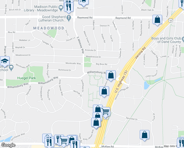 map of restaurants, bars, coffee shops, grocery stores, and more near 5501 Williamsburg Way in Fitchburg