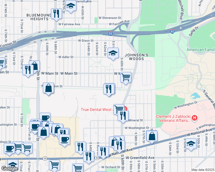map of restaurants, bars, coffee shops, grocery stores, and more near 660 South 62nd Street in Milwaukee