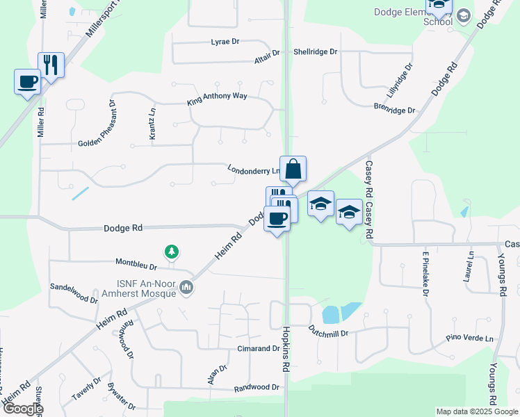 map of restaurants, bars, coffee shops, grocery stores, and more near 1430 Dodge Rd in Getzville