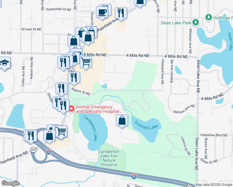 map of restaurants, bars, coffee shops, grocery stores, and more near 1720 Rupert Street Northeast in Grand Rapids