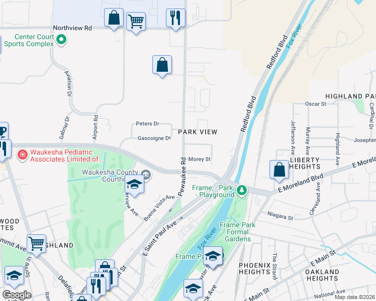 map of restaurants, bars, coffee shops, grocery stores, and more near 1509 Pewaukee Road in Waukesha
