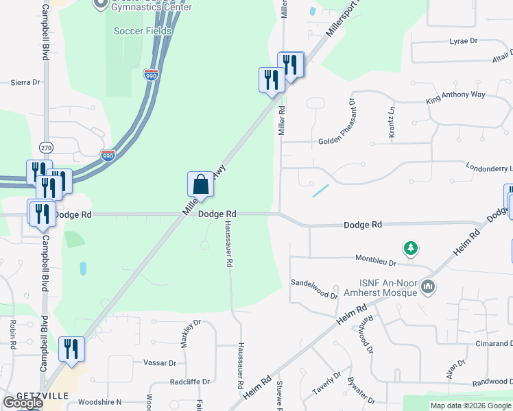 map of restaurants, bars, coffee shops, grocery stores, and more near 1010 Dodge Road in Getzville
