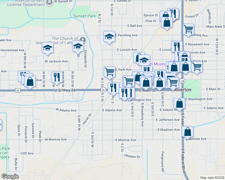 map of restaurants, bars, coffee shops, grocery stores, and more near 840 West Main Street in Riverton