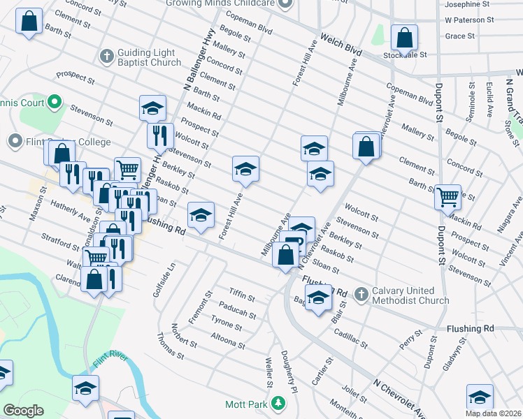 map of restaurants, bars, coffee shops, grocery stores, and more near 2637 Berkley Street in Flint