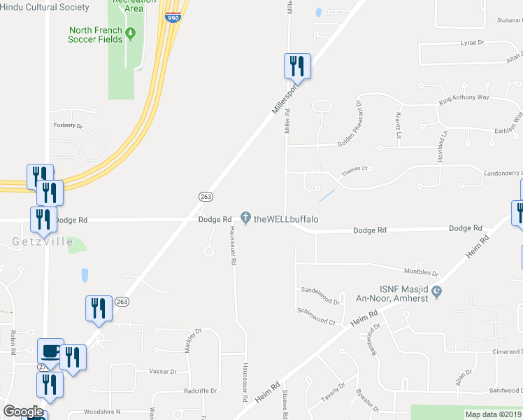 map of restaurants, bars, coffee shops, grocery stores, and more near 1010 Dodge Road in Getzville