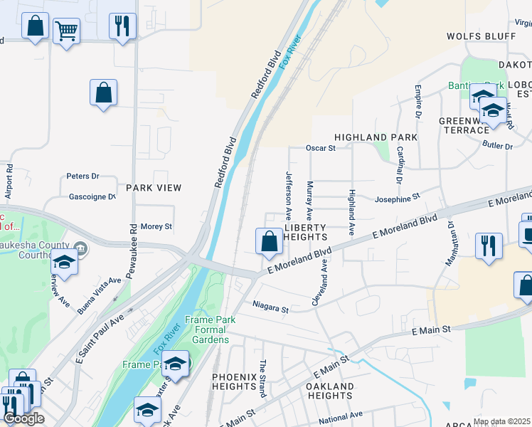 map of restaurants, bars, coffee shops, grocery stores, and more near 1616 White Rock Avenue in Waukesha