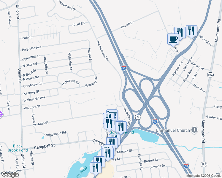map of restaurants, bars, coffee shops, grocery stores, and more near 32 Fairview Circle in Hooksett