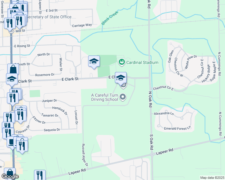 map of restaurants, bars, coffee shops, grocery stores, and more near 1250 North Oak Road in Davison