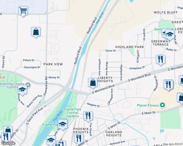 map of restaurants, bars, coffee shops, grocery stores, and more near 1616 White Rock Avenue in Waukesha