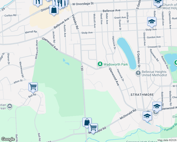 map of restaurants, bars, coffee shops, grocery stores, and more near 5339 Bunker Hill Way in Syracuse