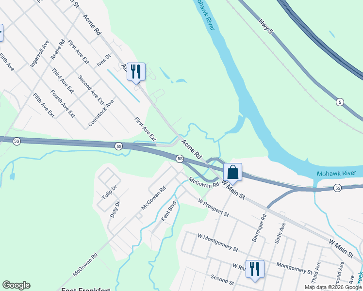 map of restaurants, bars, coffee shops, grocery stores, and more near 4348 Acme Road in Ilion