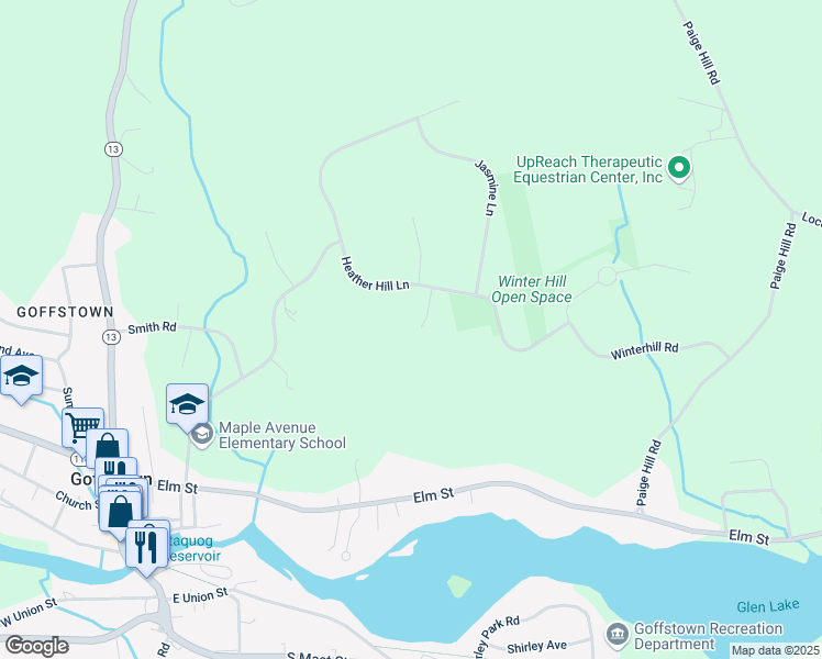 map of restaurants, bars, coffee shops, grocery stores, and more near 14 Honeysuckle Lane in Goffstown