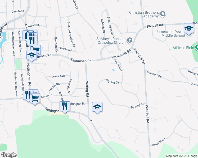 map of restaurants, bars, coffee shops, grocery stores, and more near 6031 Bay Hill Cir in Jamesville