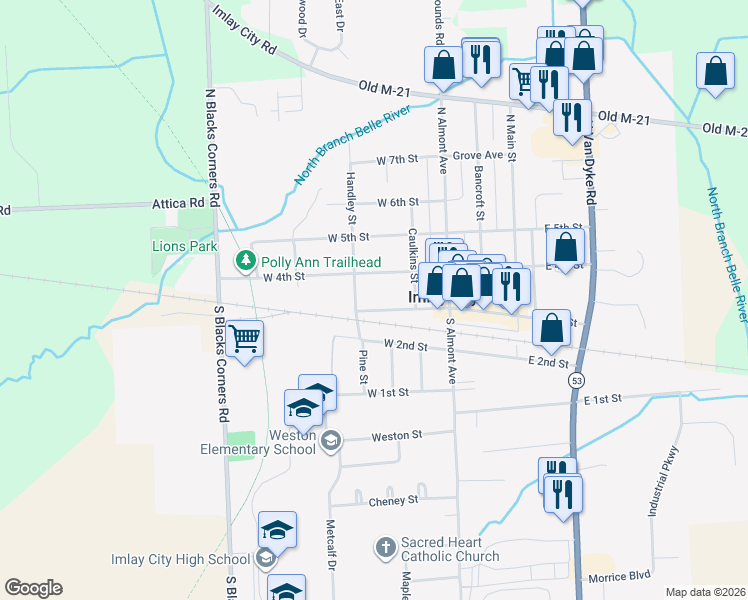 map of restaurants, bars, coffee shops, grocery stores, and more near 270 West 3rd Street in Imlay City
