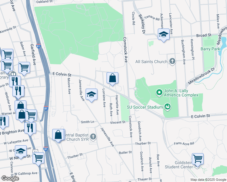 map of restaurants, bars, coffee shops, grocery stores, and more near 1114 East Colvin Street in Syracuse