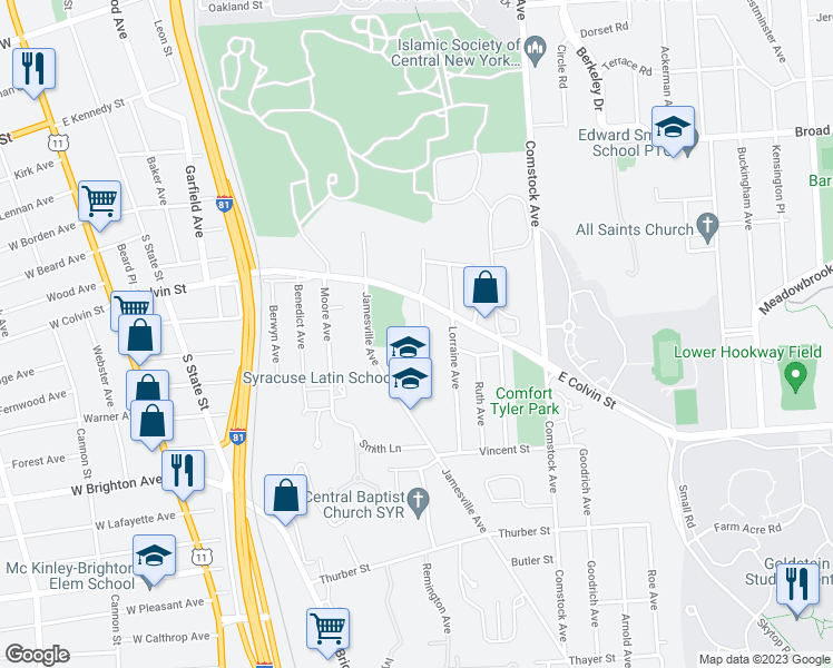 map of restaurants, bars, coffee shops, grocery stores, and more near 132 Hughes Place in Syracuse