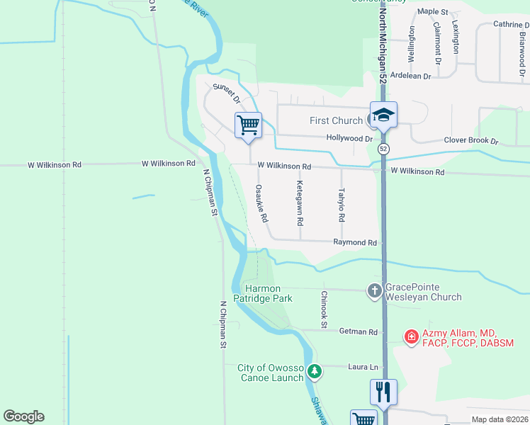 map of restaurants, bars, coffee shops, grocery stores, and more near 1848 Osaukie Road in Owosso