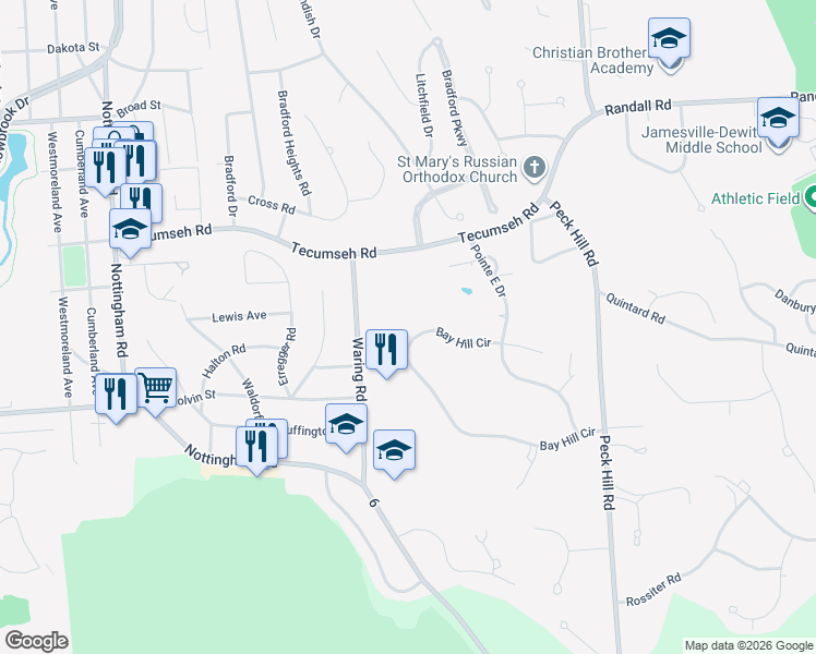 map of restaurants, bars, coffee shops, grocery stores, and more near 6031 Bay Hill Circle in Jamesville