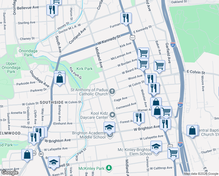 map of restaurants, bars, coffee shops, grocery stores, and more near 428 West Colvin Street in Syracuse