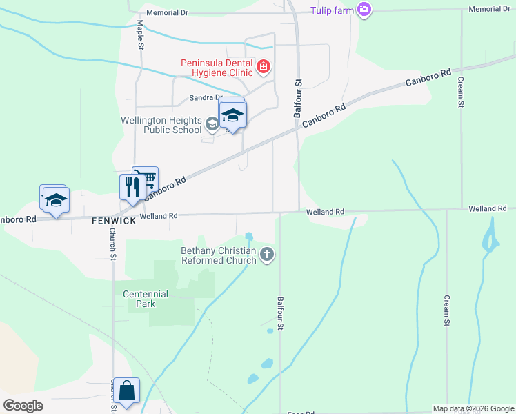 map of restaurants, bars, coffee shops, grocery stores, and more near 716 Welland Road in Pelham