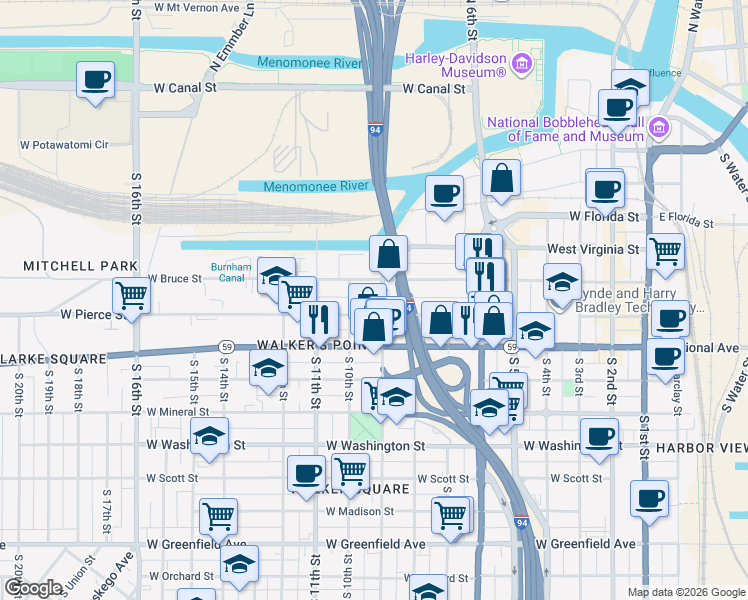 map of restaurants, bars, coffee shops, grocery stores, and more near 625 South 9th Street in Milwaukee