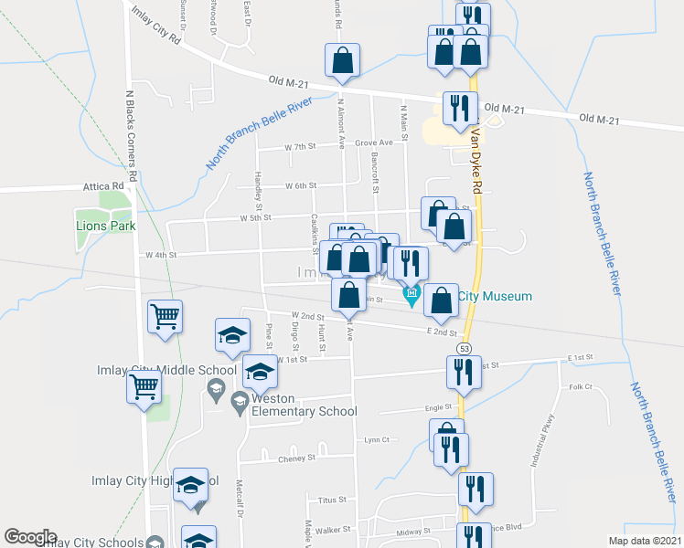 map of restaurants, bars, coffee shops, grocery stores, and more near 109 North Almont Avenue in Imlay City