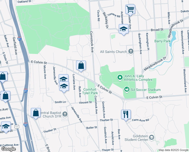 map of restaurants, bars, coffee shops, grocery stores, and more near 1301 East Colvin Street in Syracuse