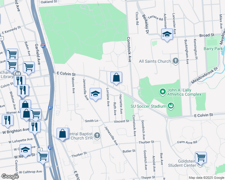 map of restaurants, bars, coffee shops, grocery stores, and more near 1112 East Colvin Street in Syracuse