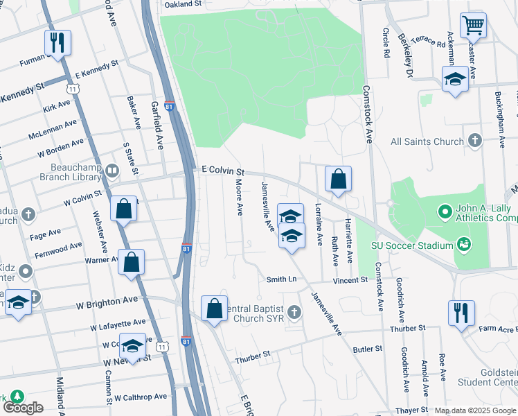 map of restaurants, bars, coffee shops, grocery stores, and more near 255 Jamesville Avenue in Syracuse