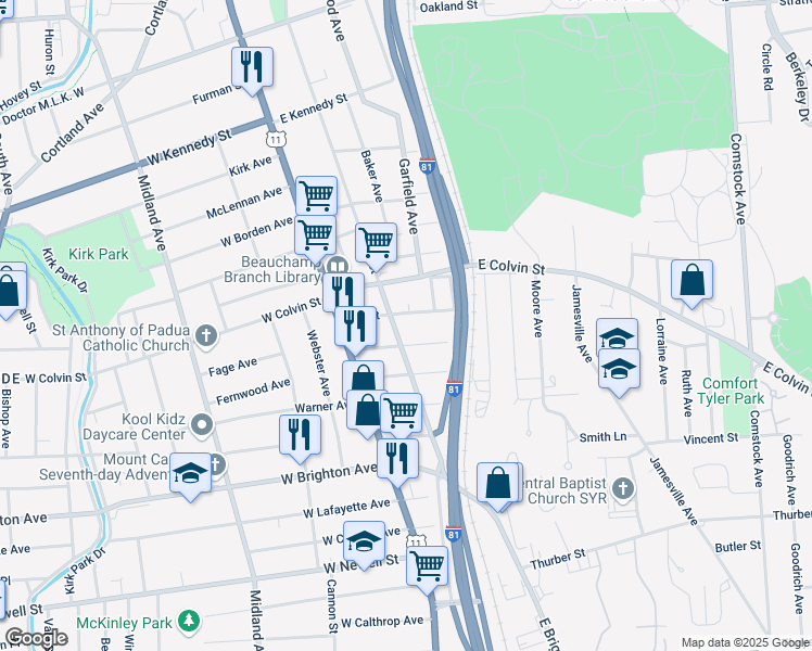 map of restaurants, bars, coffee shops, grocery stores, and more near 2116 South State Street in Syracuse
