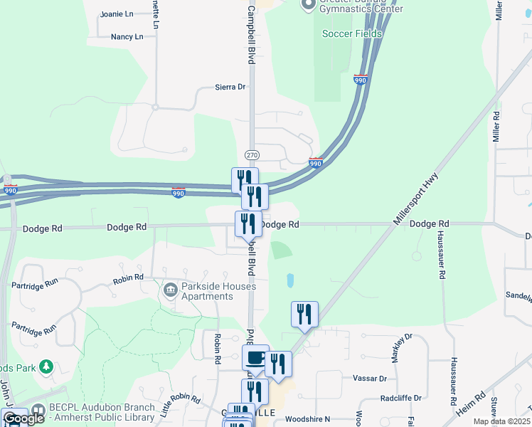map of restaurants, bars, coffee shops, grocery stores, and more near 710 Dodge Road in Getzville
